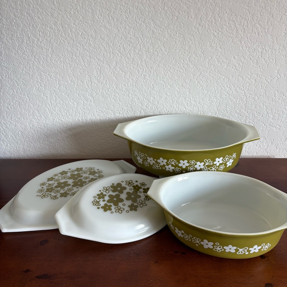 Vintage Green and White Spring Blossom Pyrex Casserole Dishes